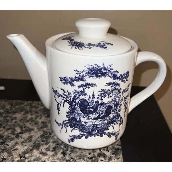 California Pantry Tea Pot Blue White Rooster Toile Coffee Country 6.5in Vintage - Picture 9 of 9